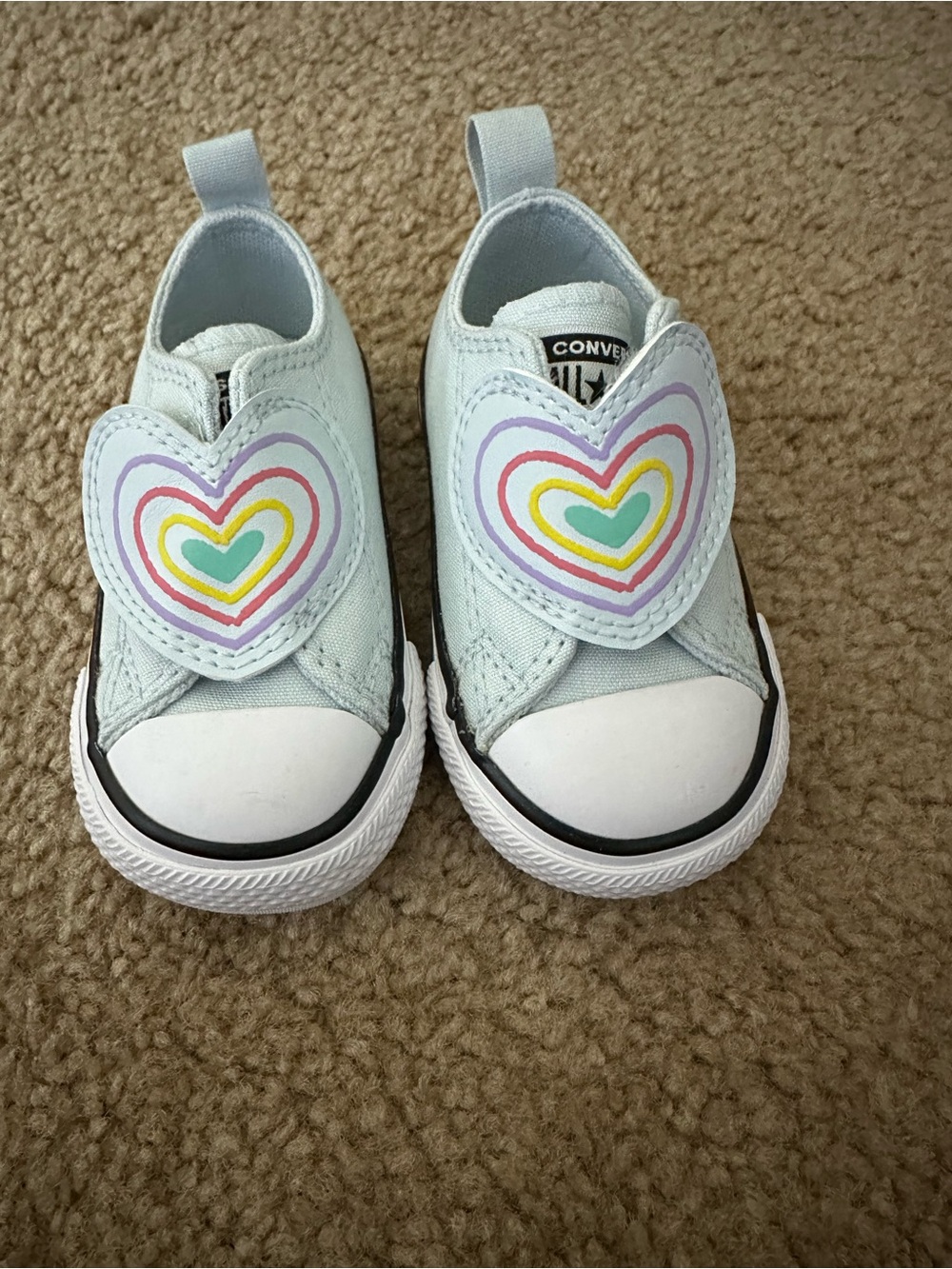 Converse Kids Slip-On Sneakers with Rainbow Heart Accents - Light Blue